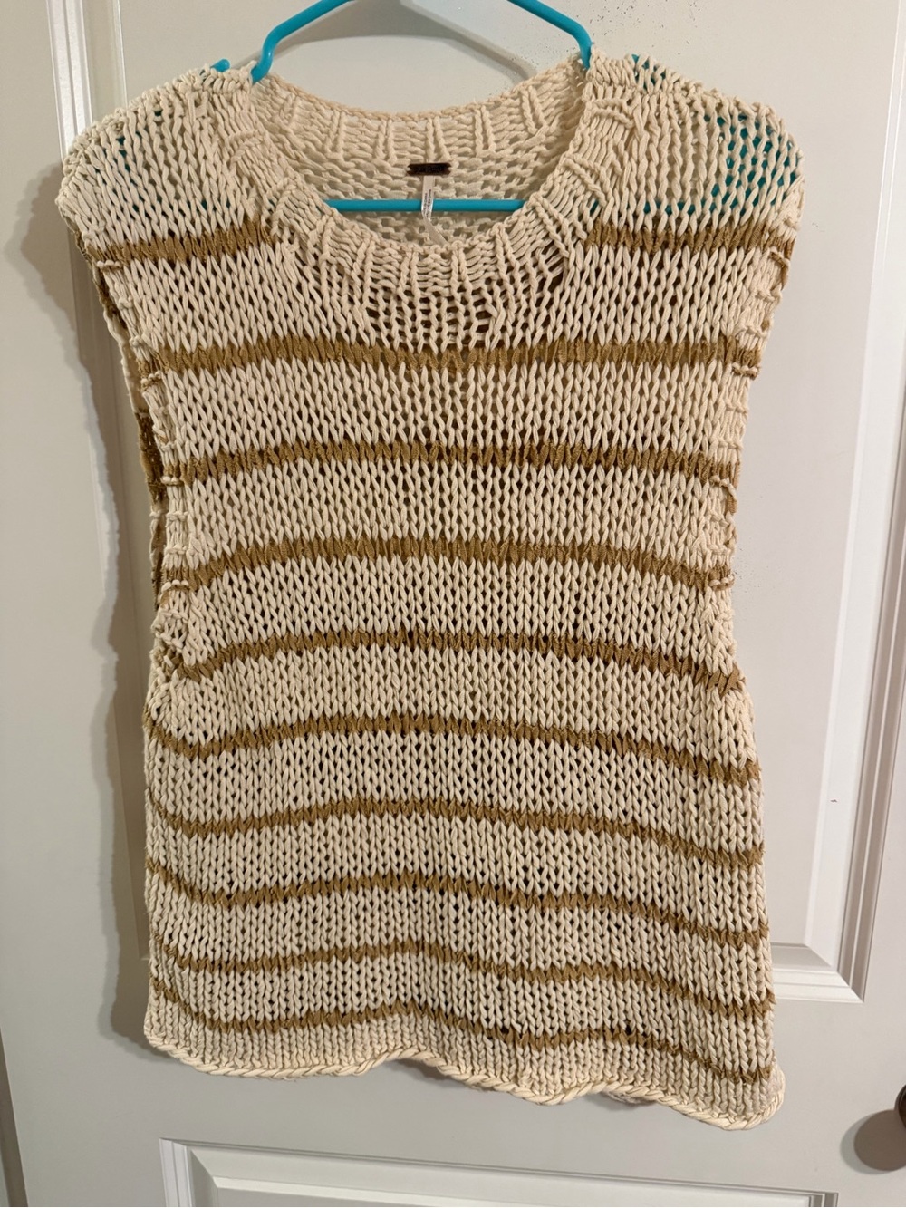 Free People Cream and Tan Striped Chunky Knit Sleeveless Sweater